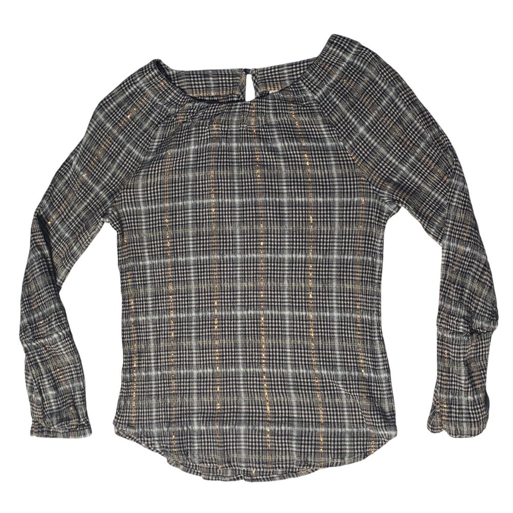 Anthropologie Pilcro Shari Blouse Large Blue Plaid Gold Stripe Boho Academia